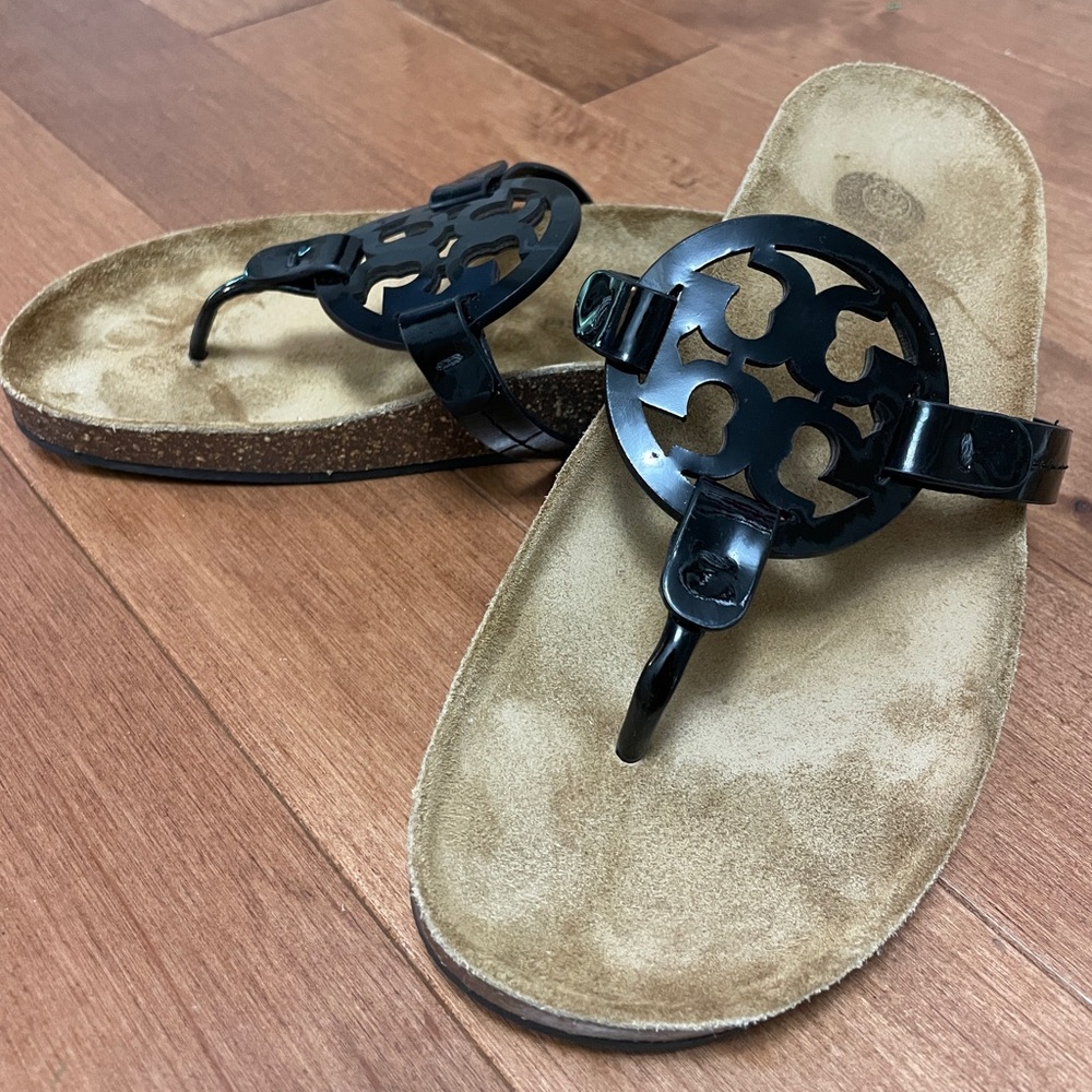 Tory Burch Miller Cloud Sandal Black Patent Leather Cork Footbed Size 7